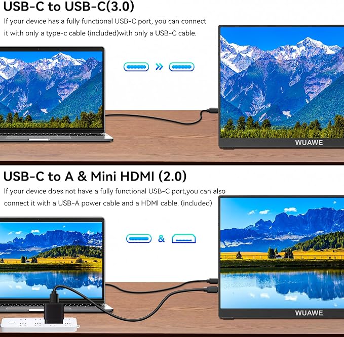 WUAWE Portable Monitor, 15.6'' 72% NTSC 100% sRGB USB C HDMI Travel Monitor for Laptop with Built-in Stand, HDR Freesync Low Blue Light for PC Mac Phone PS5 Switch.