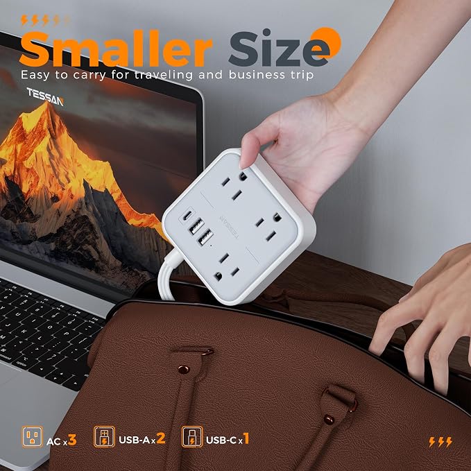 Extension Cord Flat Long Power Strip 15 FT, TESSAN Surge Protector Power Strip with USB Ports (1 USB C), Flat Wall Outlet Extender with 3 Outlets for Home, Office, School, Dorm Room Essentials