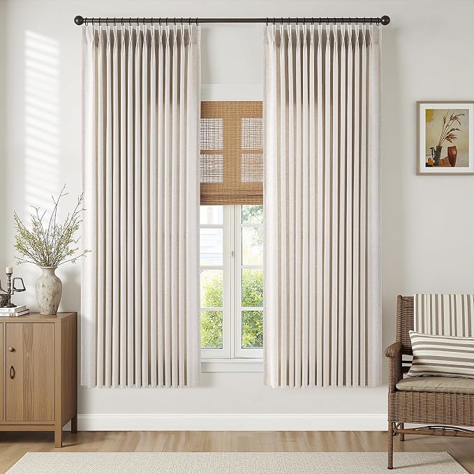 Memory Trained Pinch Pleated Curtains 72 Inches Long, Viral Linen Pinch Pleat Sheer Curtains with Ring Hooks&Clips for Track System Living Room, Beige Light Filtering Privacy Curtain 2 Panel Set