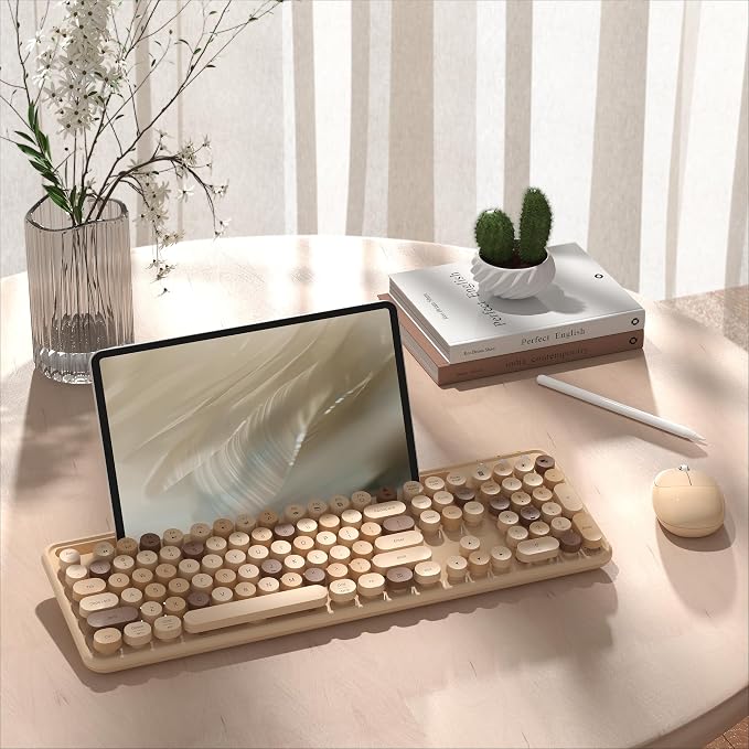 MPTOG Colorful Wireless Computer Keyboard and Mouse Combo with Phone Holder, Wrist Rest, Typewriter Keys, 2.4GHz Wireless, Full-Sized Optical Mouse for PC and Laptop (Milk Tea)