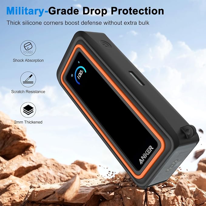 Silicone Case for Anker Prime Power Bank (26,250mAh 300W) Travel Protective Cover, Shockproof | Compact | Tactile Grip | Impact Protect for Anker Power Bank (300W), LCD Display Visible (Black Orange)