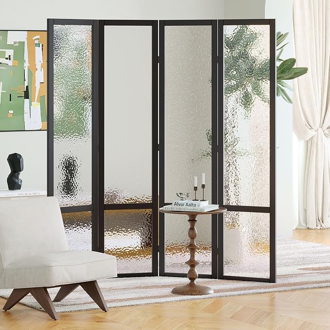 Acrylic Room Divider,4-Panel Freestanding Partition Screen, Frosted Translucent Privacy Panel - Lightweight Modern Divider for Home Office Studio (Black, 4 Panels)