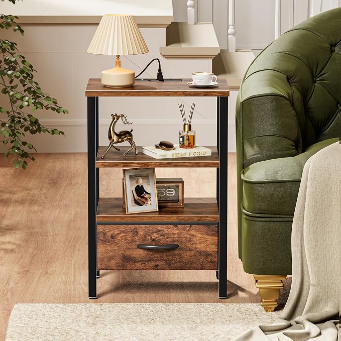SUPERJARE Nightstand with Charging Station, Bed Side Table with Adjustable Fabric Drawer, Night Stand for Bedroom, 3-Tier Storage End Table, for Living Room, Rustic Brown