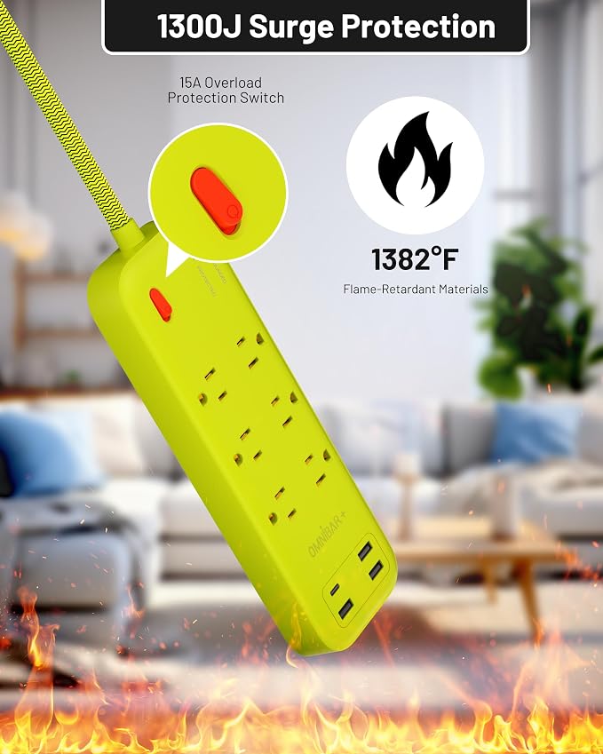 USB Surge Bar 6 Power Strip - 6 Outlets 4 USB Ports(1 USB C), Multi Plug Outlet Extender with 6Ft Braided Extension Cord, 3600 J, Wall Mount, Flat Plug, Desk Charging Station for Office Home
