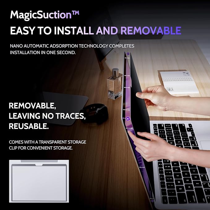 Peslv Privacy Screen for MacBook Air 13 Inch (2018-2021, M1) & MacBook Pro 13 In (2016-2022, M1, M2), MagicSuction™ Removable Anti Spy Black Protector, Glare Blue Light Filter for Mac Laptop Computer
