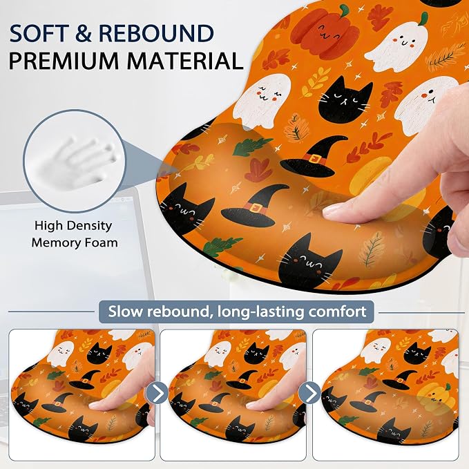 Halloween Wrist Rest Support for Mouse Pad Keyboard Set, Ghosts Pumpkins Black Cats Mouse Pad with Non Slip Rubber Base for Home and Office Typing Support