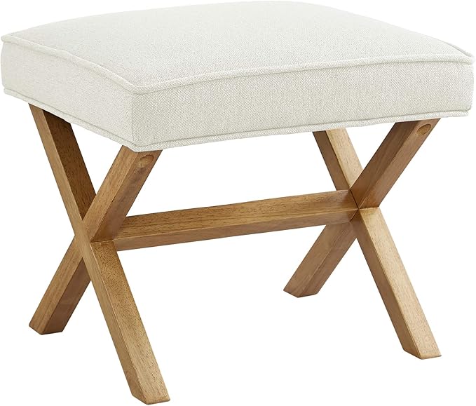 Amazon Basics Small Ottoman Foot Rest, Mid-Century Modern X Square Polyester Foot Stool, Linen, Ivory White, 18"D x 19.8"W x 18.3"H