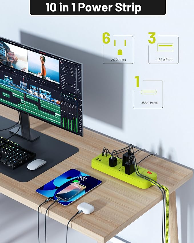 USB Surge Bar 6 Power Strip - 6 Outlets 4 USB Ports(1 USB C), Multi Plug Outlet Extender with 6Ft Braided Extension Cord, 3600 J, Wall Mount, Flat Plug, Desk Charging Station for Office Home