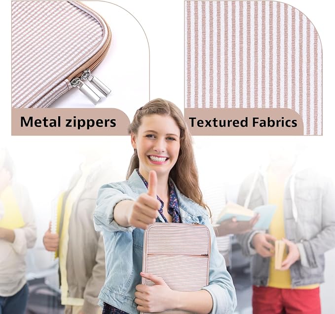 Huhumy Laptop Sleeve Case 13-13.3 inch for Women, Cute Seersucker Laptop Sleeve with Pocket Thin Computer Carrying Bag for Office Business Trip Compatible with Various Laptops Models(Khaki)