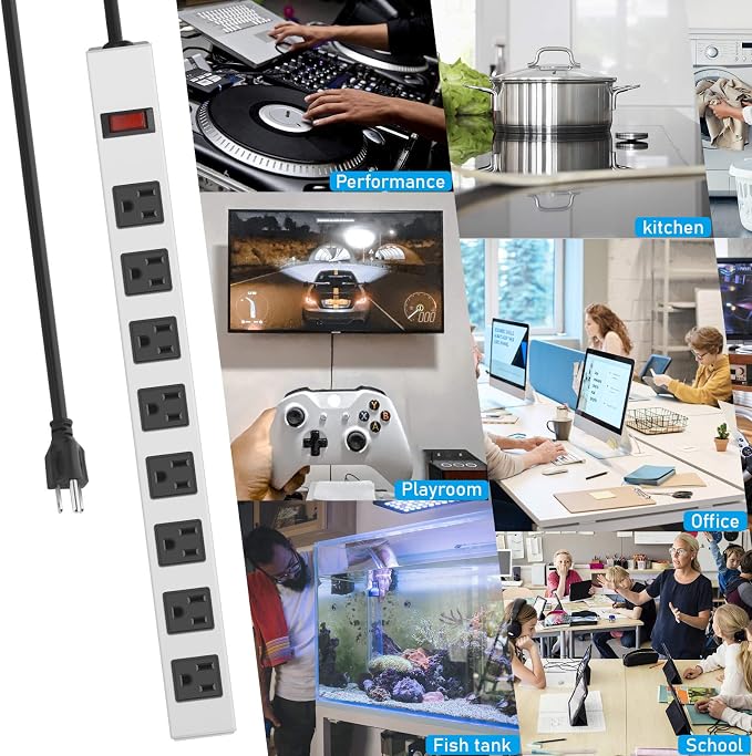 JUNNUJ Metal 8 Outlet Power Strip, Mountable Heavy Duty Power Strip, 1200J Surge Protector Wall Mount Screws Outlet with Switch, Gaming Desk Strips Wide Spaced 15A 125V 1875W, 15 FT 14AWG Power Cord