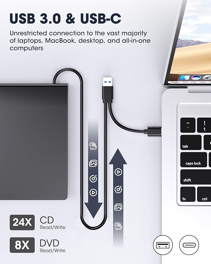 ROOFULL External CD DVD Drive with Extra Power Cable for Laptop, Ultra Slim USB 3.0 Type-C Portable CD DVD Optical Disc Drive Reader Writer Burner Player for PC MacBook Windows 11/10/7 Mac Linux OS