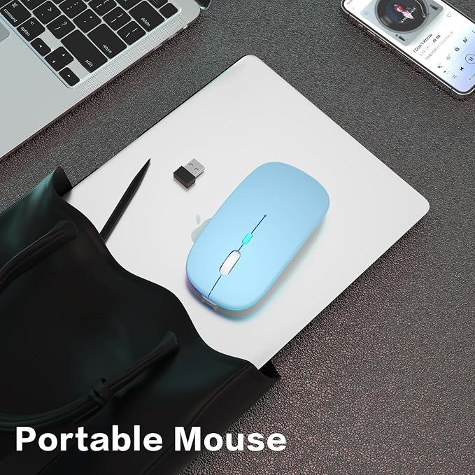 AIKOKOK Wireless Bluetooth Mouse, Rechargeable, Dual Mode Bluetooth 5.2 & 2.4G USB, LED Lights, Slim, Silent, Portable Computer Mouse for Laptop, PC, MacBook, iPad, Tablet (Blue)