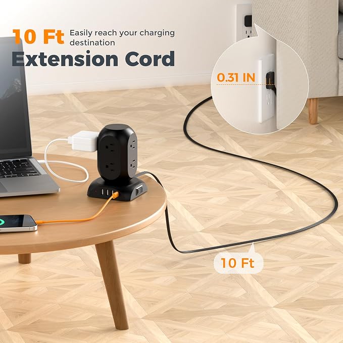 TESSAN Surge Protector Power Strip Tower, Flat Plug Extension Cord 10 Ft with 8 AC Multiple Outlets 4 USB Ports (1 USB C), 1050J Protection Desk Charging Station for Home, Office, Dorm Room, Black