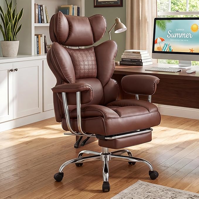 DUMOS Big and Tall Office Chair 350 LBS, Scratch-Resistant PU Leather Executive Office Desk Chair with Footrest, Ergonomic Reclining Computer Chair with Pocket Spring Support for Home Office, Brown