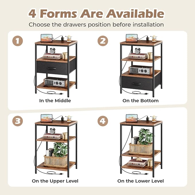 SUPERJARE Night Stand with Charger Station, 27.7 Inch Tall Nightstand with Adjustable Fabric Drawer, Bed Side Table, Fabric Drawer Dresser for Bedroom, Living Room, Rustic Brown and Black