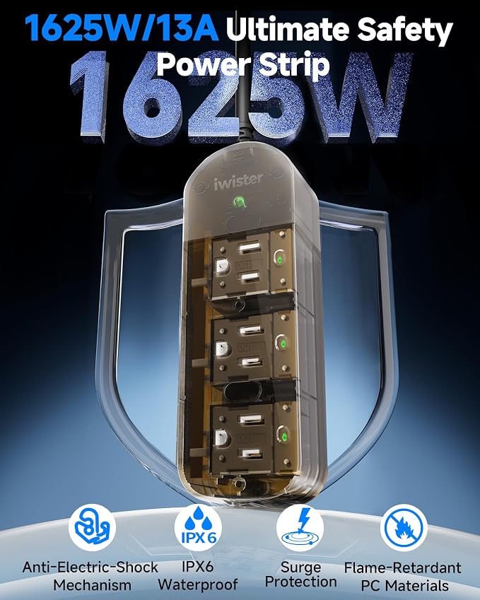 Outdoor Power Strip, 3 AC Outlets, 25 FT, 1625W/13A High-Power Single-Device Use, with Anti-Electric Shock & IPX6 Waterproof, Ideal for Backyard, Patio, Garage, Kitchen, Workshop, Camping, RV