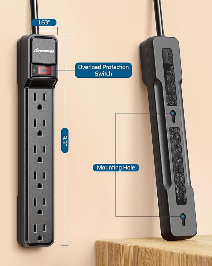 DEWENWILS 15 Foot Long Power Strip, 6-Outlet Power Strip 15FT, 15 Amp Circuit Breaker, Low Profile Flat Plug, Surge Protector for Office, Living Room, Bedroom, 4 Pack, Wall Mount, Black