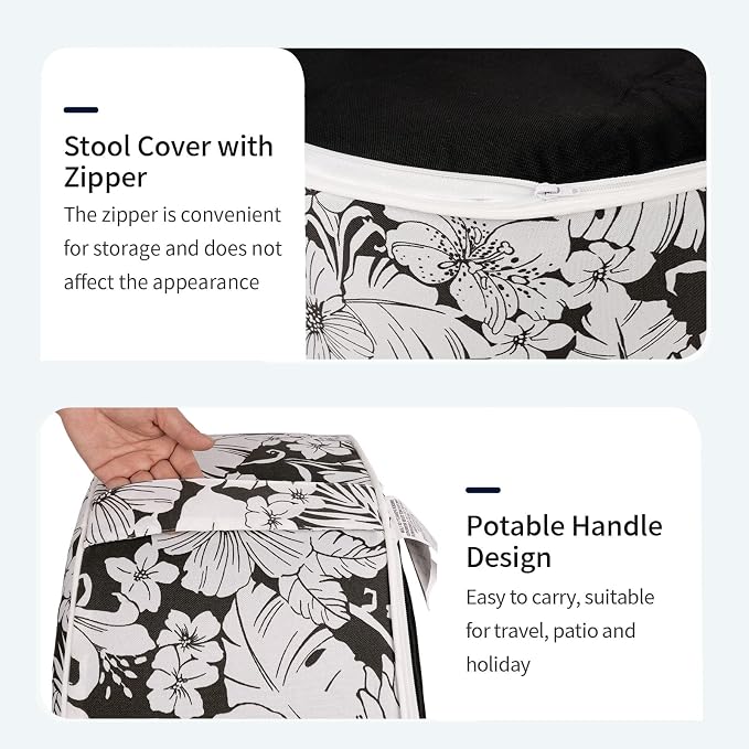 DYTXIII Inflatable Ottoman Stool D21 xH9 for Outdoor/Indoor Use, Water Repellent Patio Foot Rest with Portable Handle,Round Pouf Ottoman Suitable for Garden,Deck and Camping-Tropical Blossom Noir