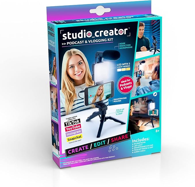 Canal Toys New Studio Creator Podcast & Vlogging Kit – Record Your own podcasts and Vlogs Like Your Favorite influencers! Fold-up Tripod, LED Light & Microphone. Ages 8+
