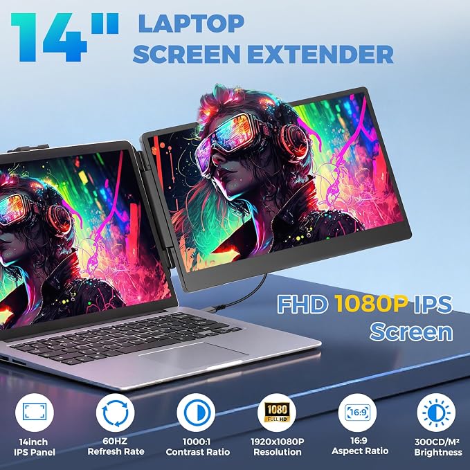 JoyReal Laptop Screen Extender, 14" FHD 1080P IPS Portable Monitor for Laptop, Triple Screen Extender Monitor USB-C/HDMI Plug-Play for Windows, Mac, Fit 13"-17.3" Laptops