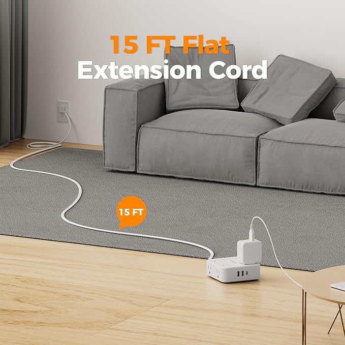 TESSAN Surge Protector Power Strip, 15 Ft Flat Plug Extension Cord with 3 USB (1 USB C) 8 Outlets, 1250W, 900J Protection, 3 Sided Outlet Extender with Power Switch for Office, Dorm Room, White