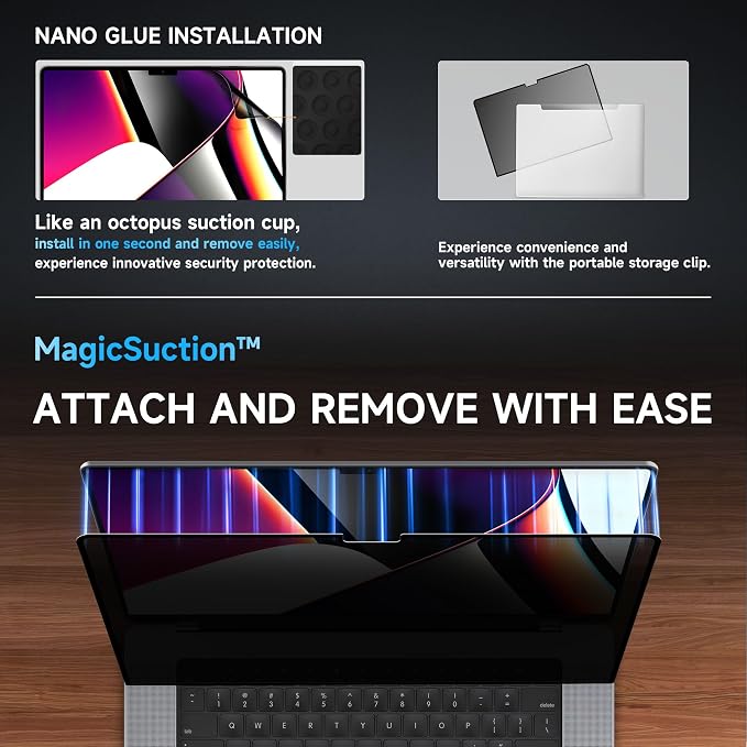 Mamol Privacy Screen for MacBook Pro 14 Inch (2021-2025, M1, M2, M3, M4, M5), MagicSuction™ Removable Vacuum Adsorption Anti Spy,Anti Glare Anti Blue Light Filter for Mac Laptop Computer
