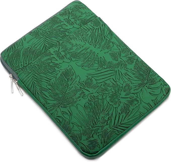 Kinmac 360° Protective Vertical Laptop Sleeve Case Cover Bag (Green Leaves PU, 15.6 inch-16 inch)