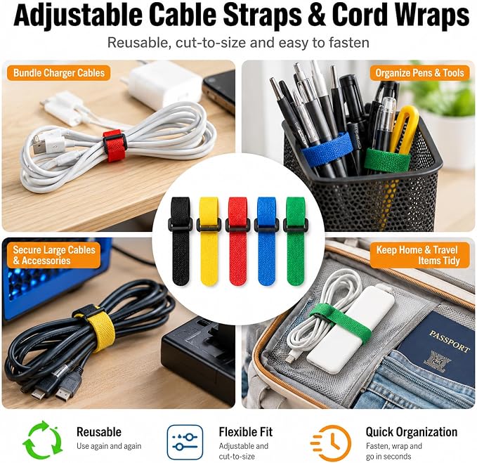 Cable Management Kit, 135Pcs Reusable Hook and Loop Cable Ties, Adhesive Clips, Cord Labels for Desk Cord Organizer Home Office - Multicolor