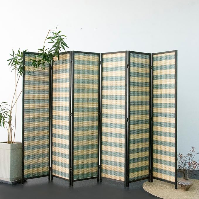 Furnnylane 6 Panel Bamboo Room Divider - 5.6 ft Tall (67" H x 94.5" W), Double-Sided Folding Privacy Screen in Blue Woven Stripe, No-Drill Freestanding Partition for Home Office & Bedroom