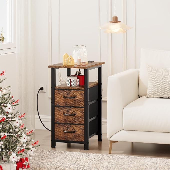 Vagusicc End Table with Charging Station, Narrow Side Table, Narrow Nightstand with 3 Fabric Drawers, Slim Sofa Side Table for Small Spaces, Small Night Stand for Bedroom, Rustic Brown