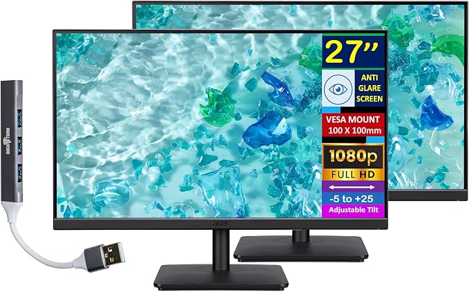 Acer Vero V7 V277 Gbmipx 27" FHD IPS Monitor w/ 4ms Response Time, Anti Glare, VESA Mount (100mm), VGA, HDMI & Black Color (UM.HV7AA.G07) 2 Pack w/DKZ Hub & ErgoFlexy Dual Monitor Mount