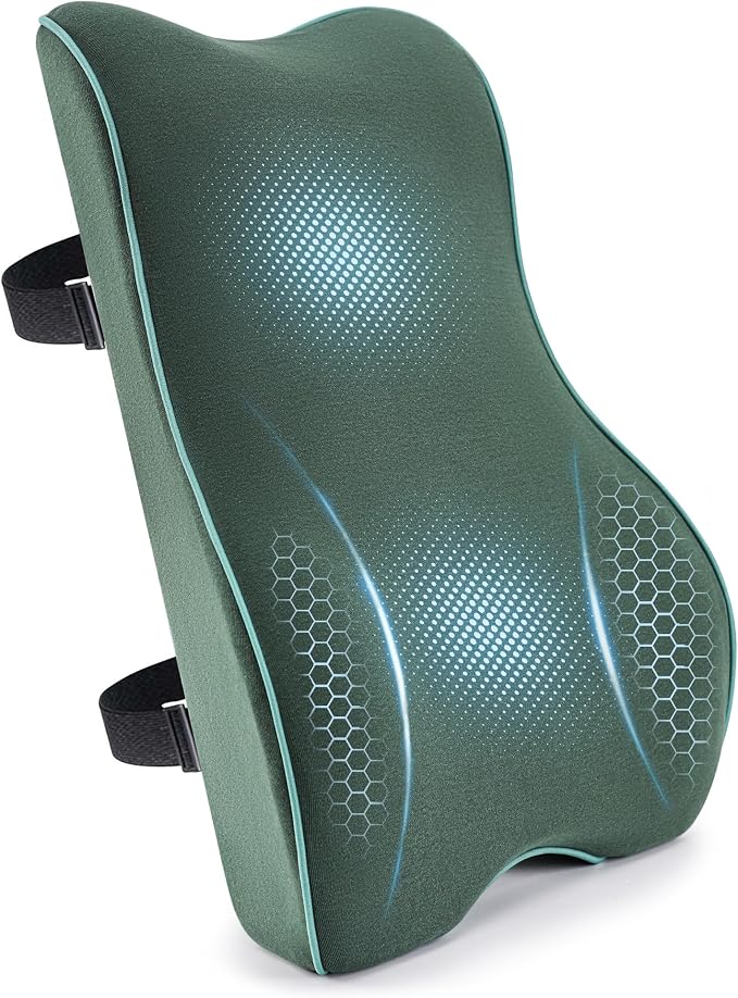 Lumbar Support Pillow for Office Chair Car Seat Gaming Chair, Memory Foam Back Support Pillow, Lumbar Cushion Back Cushion for Lower Back Pain Relief, Adjustable Strap Washable Cover-Dark Green