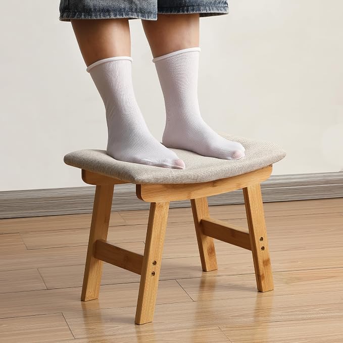 BAMBOO LAND- Bamboo Foot Stools Ottoman, Beige Cushion & Natural Wood Legs, Small Ottoman Foot Rest for Couch