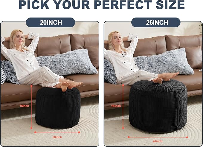 WSOFRLAC Pouf Ottoman Foot Stools with Foam Small Ottoman for Living Room Corduroy Ottomans Pouf 26x18 Floor Poufs Foot Rest for Chair Black Hassocks and Ottomans