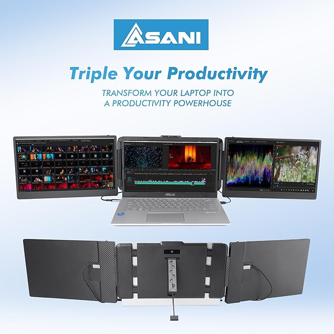 Asani 14" Portable Monitor - Full HD Tri-Screen Extender for Laptops, USB Type-C plus HDMI, Plug and Play, Compatible with 13"-17" Laptops, 1080P IPS Panel Display, 300nits Brightness, MacOS & Windows
