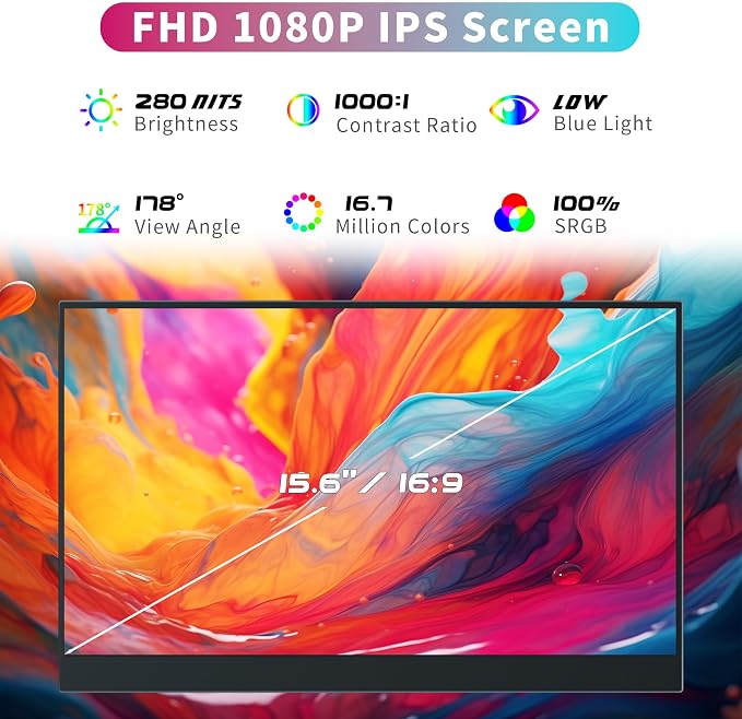 Portable Monitor for Laptop, 15.6 Inch 1080P FHD Portable Monitor Second Screen Extender with USB C HDMI Cover Stand Speaker for Laptop Computer PC Mac Phone PS5/4 Xbox Switch Travel Gaming Work
