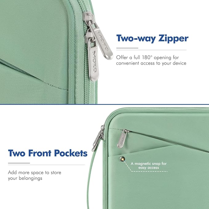 MoKo 9-11 Inch Tablet Sleeve Carrying Case with Handle, Padded Protective Travel Bag for New 11-inch iPad Air 4 2026/Pro M5/ A16, iPad 10th/Air 5/4th 10.9, i-Pad 9/8th 10.2,Tab S9/S8 11,Bodhi Green