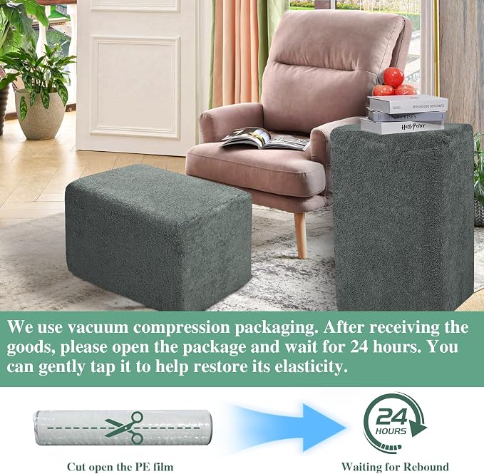Rectangular Pouf Ottoman, Stuffed Floor Pouf with Foam Chunk Filling, Soft Coral Fleece Furry Foot Rest Stool, Multi-Use Ottoman for Living Room, Dark Grey