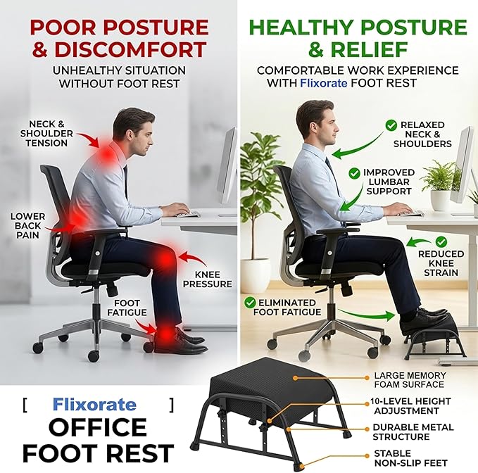 Under Desk Footrest with Memory Foam,Adjustable 10-Level Ergonomic Foot Rest for Office & Gaming Desk for Leg Rest,Reinforced Metal Frame,Non-Slip Base Extra Large（Black with Baseplate