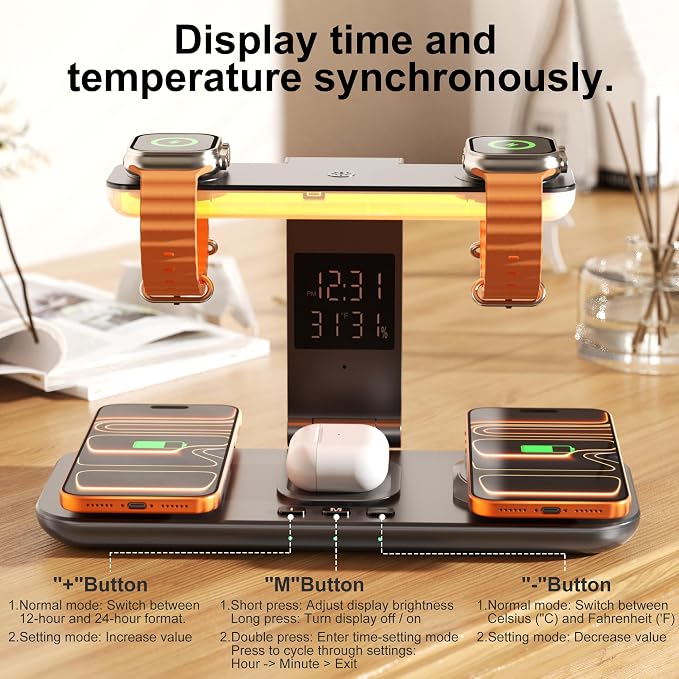 7-in-1 Wireless Dual Phone Charging Station for Apple, Samsung, Google, Dual Magsafe Charger for iPhone 17-12 Series, for Dual Apple Watch Charger for iWatch, with Air Pods Charger, Night Light&Clock