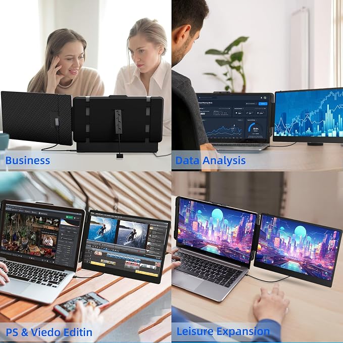 Laptop Screen Extender Travel Monitor - 14" Dual Portable Monitor IPS FHD 1080P Travel Work Extra Screen Plug n Paly USB-C HDMI Port Compatible with Wins Mac Chrome Dex Fits 13-17" Laptops
