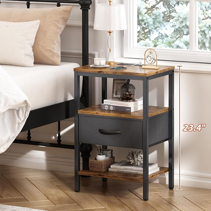 SUPERJARE Nightstand with Charging Station, Bed Side Table with Adjustable Fabric Drawer, Night Stand for Bedroom, 3-Tier Storage End Table, for Living Room, Rustic Brown and Black