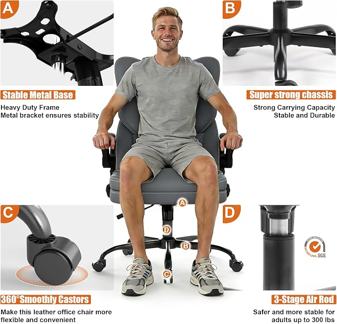 Ergonomic Office Chair with Flip-up Armrests, 300lbs Mid Back Computer Office Desk Chair with Lumbar Support, Executive Leather Chair with Rocking Function Adjustable Height for Home Office