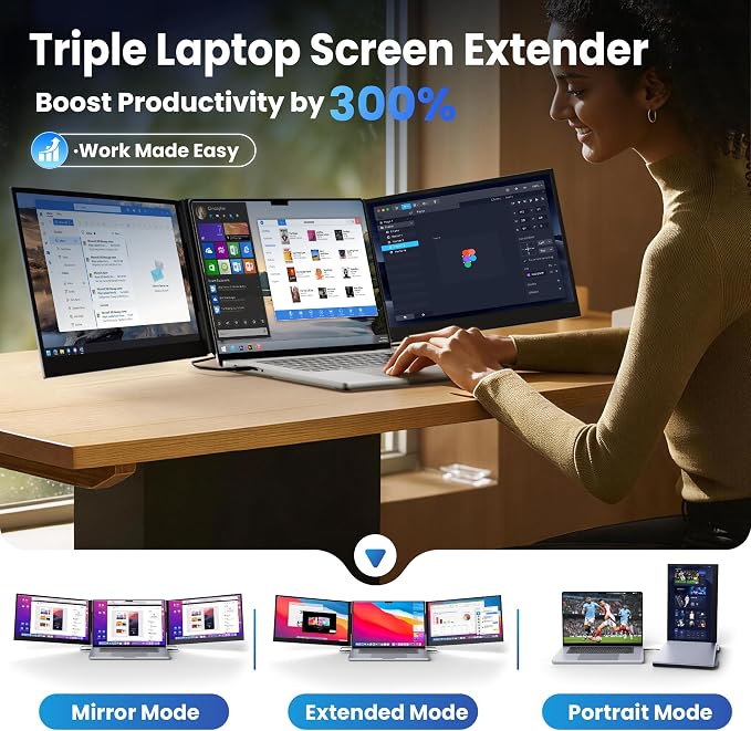 CIDETTY New Upgrad Laptop Screen Extender Monitor Portable, Ultra Light & Thin Triple Portable Monitor for Laptop 1080P FHD IPS Display for 13-17" Laptop, Plug & Play Compatiable with Win/Mac/Chrome