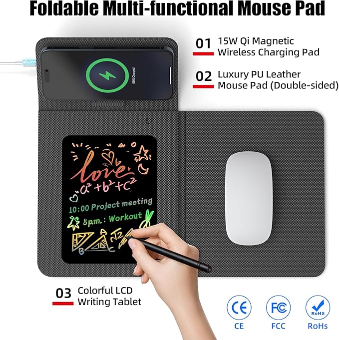 Foldable Wireless Charging Mouse Pad with Writing Tablet,15W Qi Magnetic Fast Charging Travel Mouse Pad,Multi-Functional PU Leather Mat Charging Pad for iPhone Samsung iWatch,Office Home Accessories