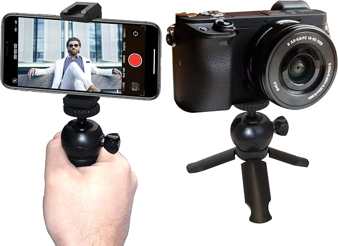 Vidpro TT-8 Mini Tripod and Handgrip with Ball Head for Smartphones and Cameras. for Camcorders, Small DSLRs, Mirrorless and Phones. Shoe Mount for attaching Lights and Mics. Zoom Video Conferencing