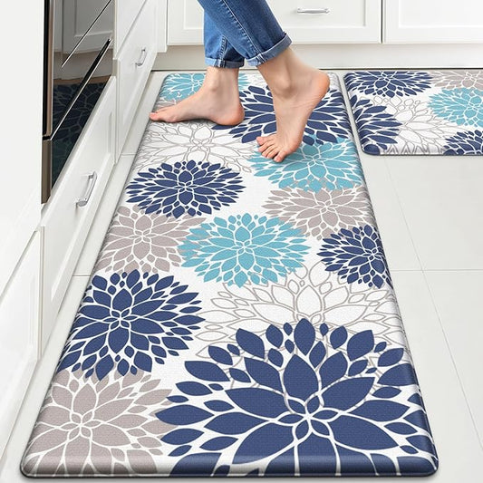 StepLively Kitchen Mats for Floor, Anti Fatigue Mats for Kitchen Floor, Kitchen Decor and Accessories Non Slip Washable Mats Set of 2 for Sink, Office, Laundry, 17.3"×30"+17.3"×59", Blue and White