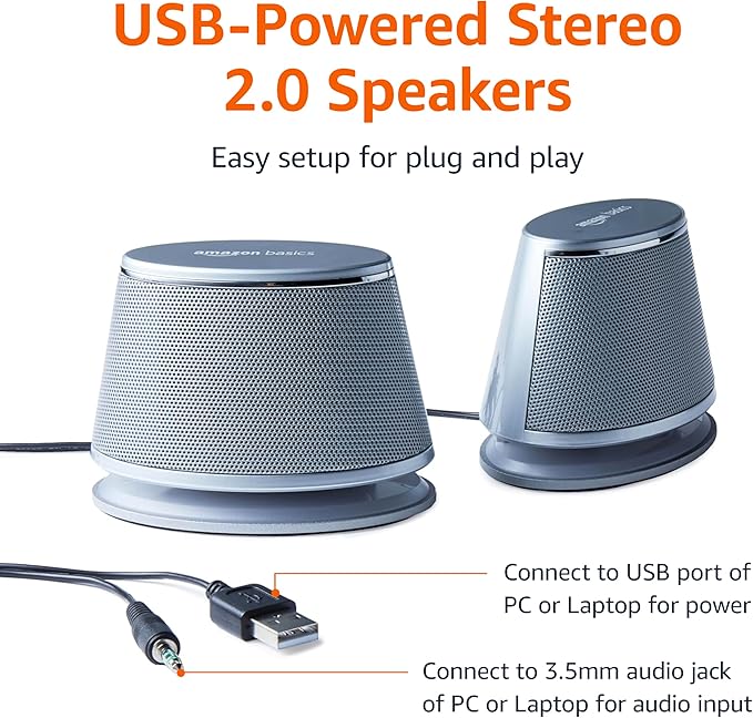 Amazon Basics Stereo 2.0 Computer Speakers with LED Lights for PC, Laptop or Desktop, Volume Control, 3.5mm Aux Input, USB-Powered, Silver, 1 Pair