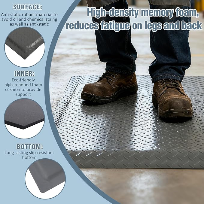 Anti Fatigue Mats Industrial 2' x 3' 15/16" Extra Thick Ergonomic Standing Mat Commercial Kitchen Mat Heavy Duty Diamond Plate Shop Floor Mat Helps Relieve Back and Leg Soreness