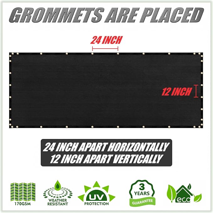 ColourTree Customized Size Fence Screen Privacy Screen Black 5' x 74' - Commercial Grade 170 GSM - Heavy Duty - 3 Years Warranty - Cable Zip Ties Included